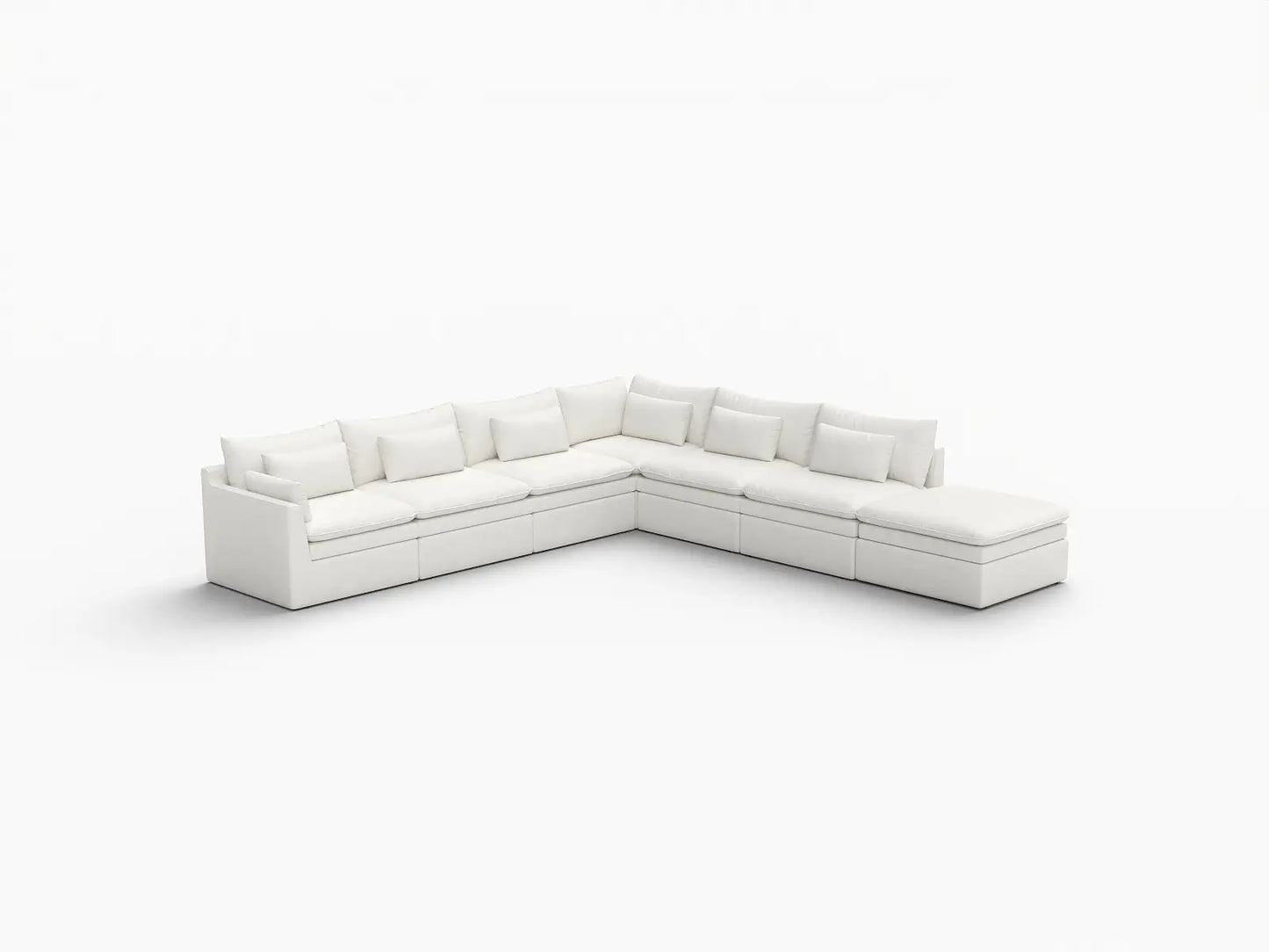 Deluxe Cloud 6-Seater White Large Space V-Shaped Sectional | 7-Piece (Includes 1 Ottoman), Linen Look Poly Fabric, Easy To Clean