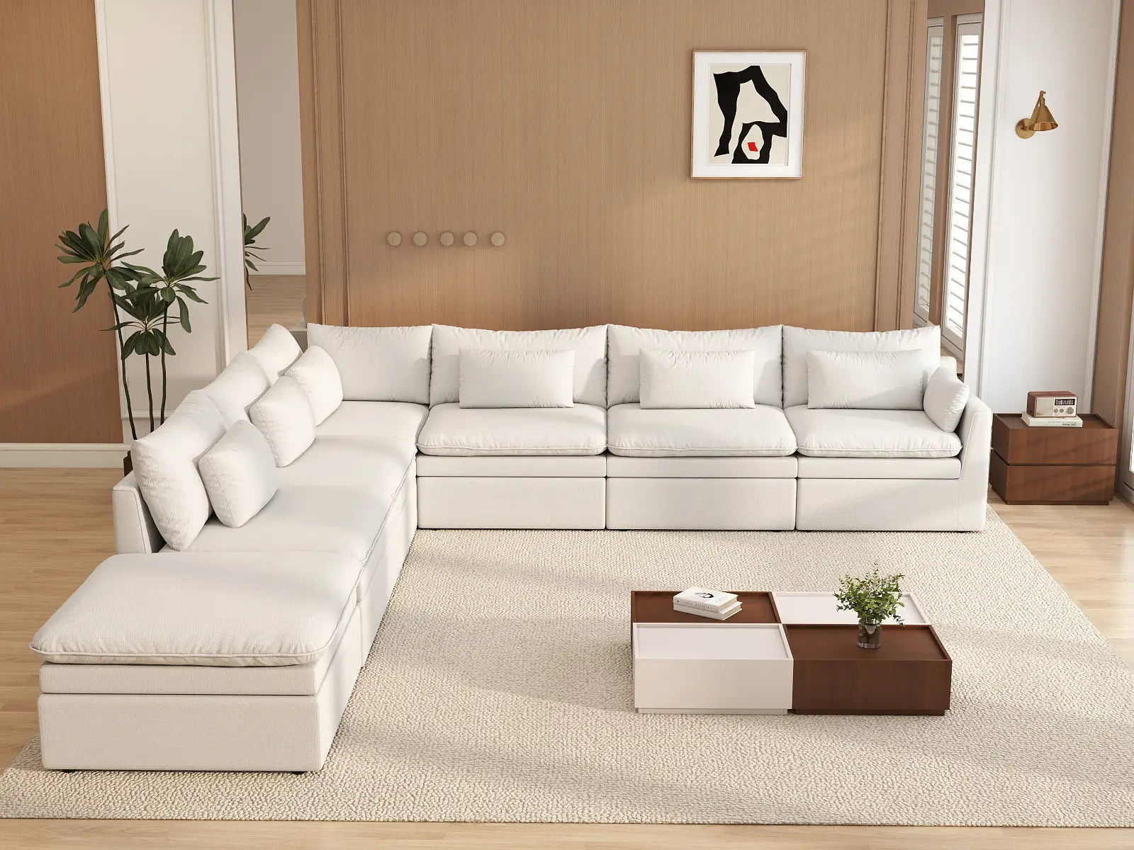 Deluxe Cloud 6-Seater White Large Space V-Shaped Sectional | 7-Piece (Includes 1 Ottoman), Linen Look Poly Fabric, Easy To Clean