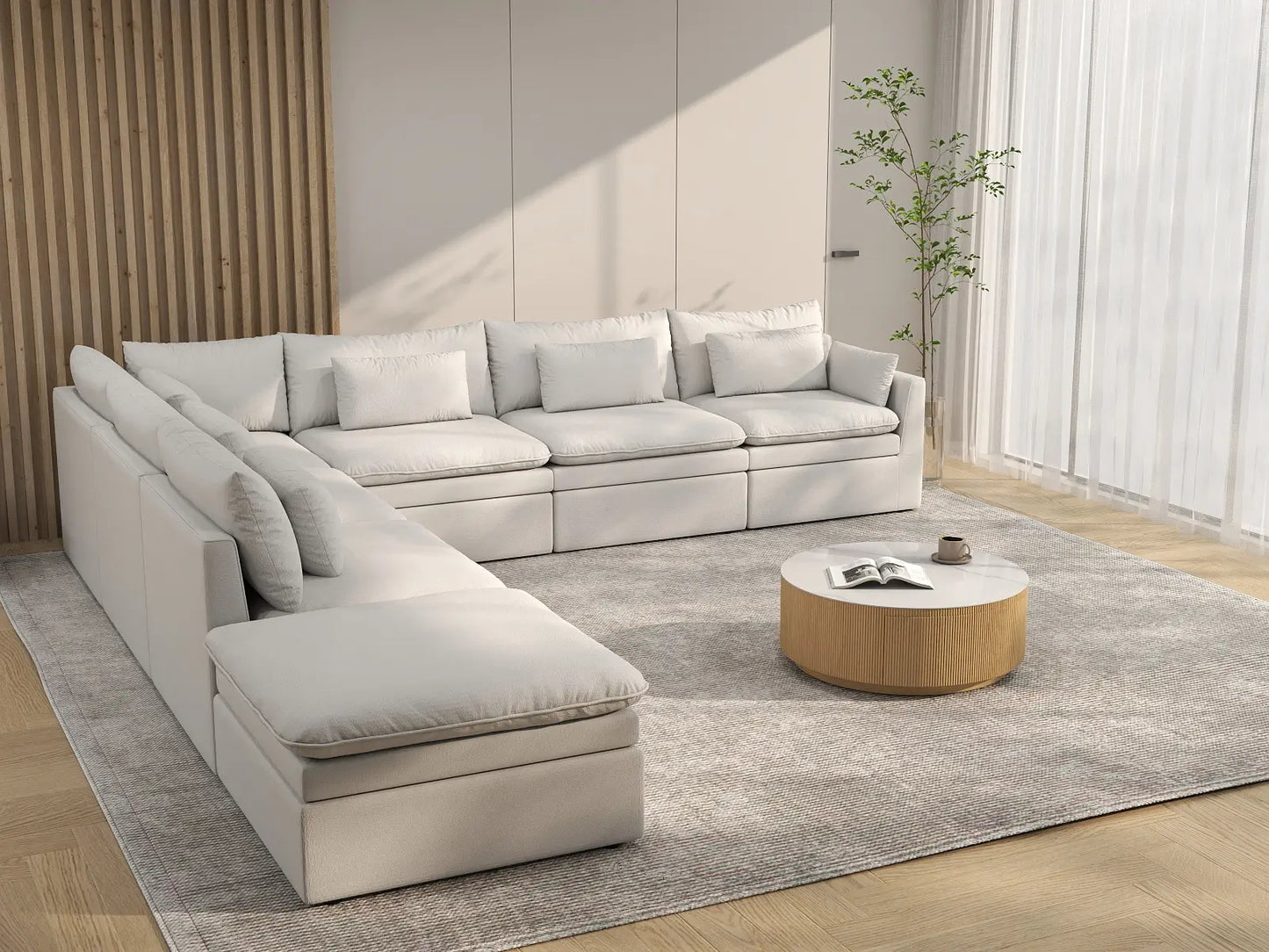 Deluxe Cloud 6-Seater White Large Space V-Shaped Sectional | 7-Piece (Includes 1 Ottoman), Linen Look Poly Fabric, Easy To Clean