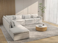 Deluxe Cloud 6-Seater White Large Space V-Shaped Sectional | 7-Piece (Includes 1 Ottoman), Linen Look Poly Fabric, Easy To Clean