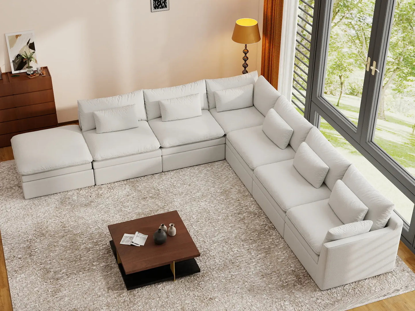 Deluxe Cloud 6-Seater White Large Space V-Shaped Sectional | 7-Piece (Includes 1 Ottoman), Linen Look Poly Fabric, Easy To Clean