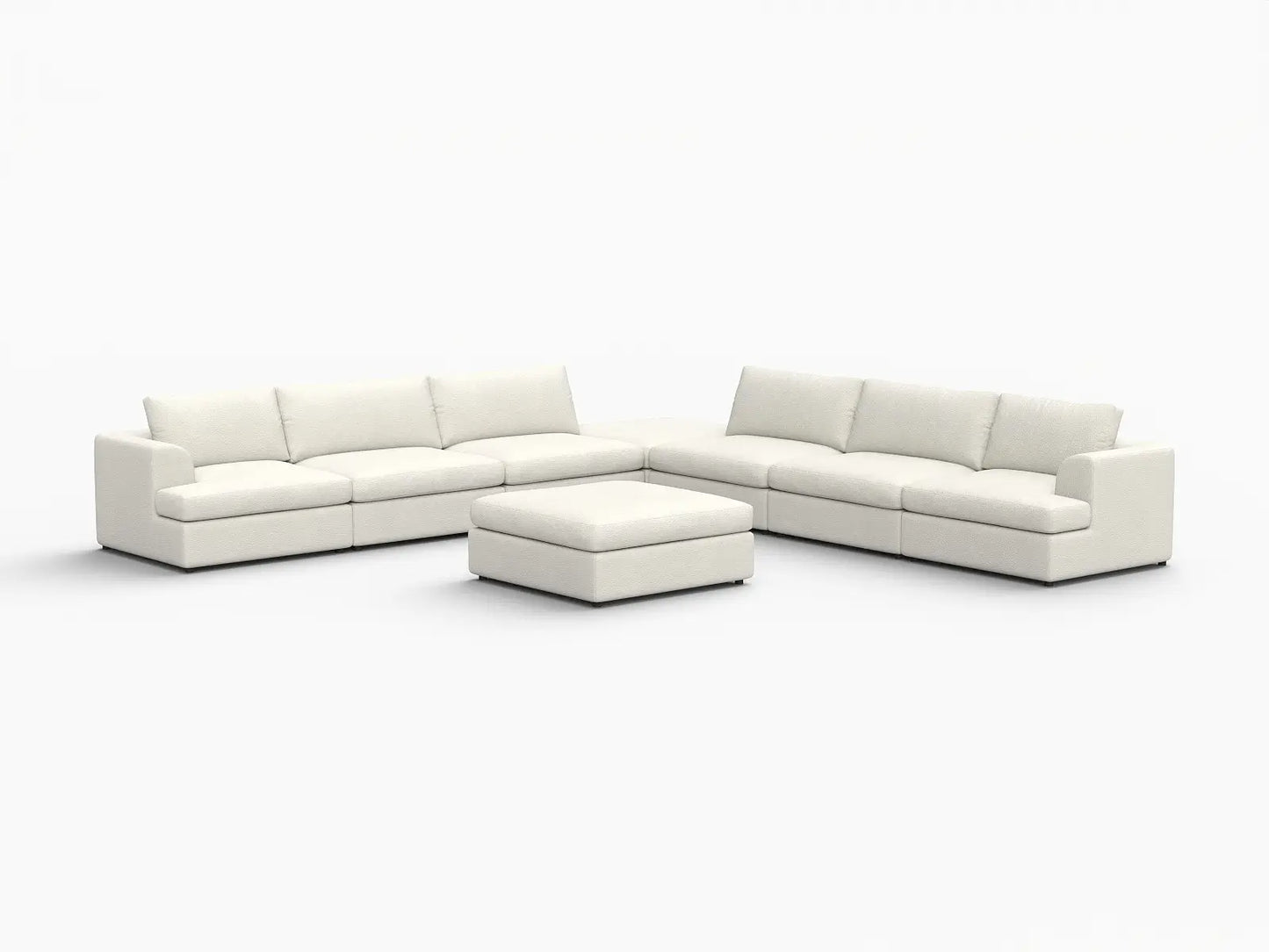 Deluxe Cloud 6-Seater White Open Space Sofa Set | 8-Piece (Includes 2 Ottomans), Bouclé Sherpa-Like Fabric, Easy To Clean
