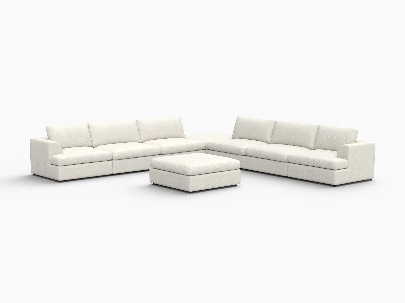 Deluxe Cloud 6-Seater White Open Space Sofa Set | 8-Piece (Includes 2 Ottomans), Bouclé Sherpa-Like Fabric, Easy To Clean