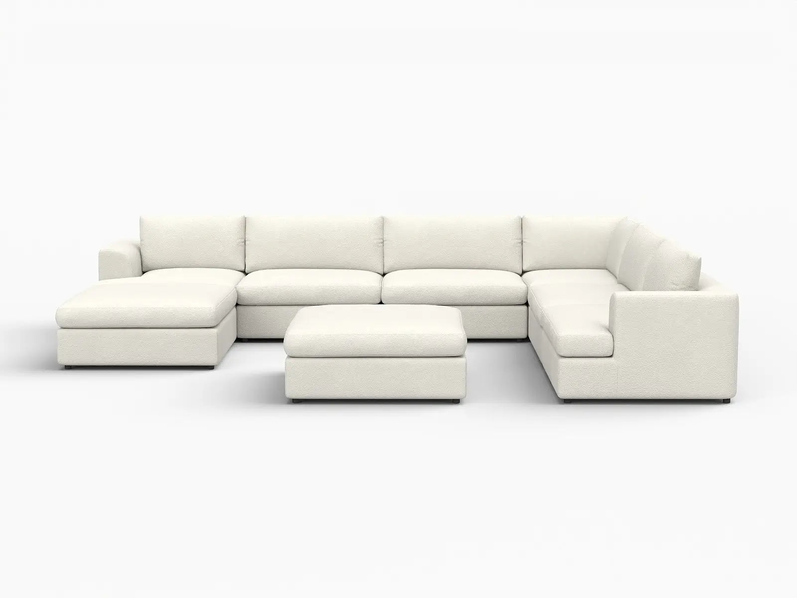 Deluxe Cloud 6-Seater White Open Space Sofa Set | 8-Piece (Includes 2 Ottomans), Bouclé Sherpa-Like Fabric, Easy To Clean