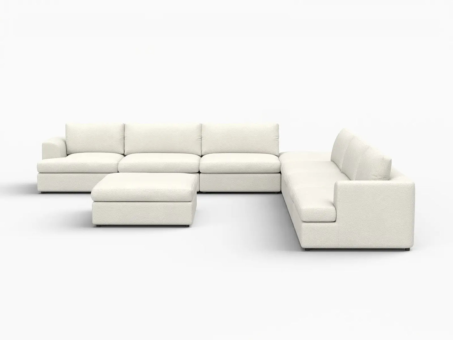 Deluxe Cloud 6-Seater White Open Space Sofa Set | 8-Piece (Includes 2 Ottomans), Bouclé Sherpa-Like Fabric, Easy To Clean