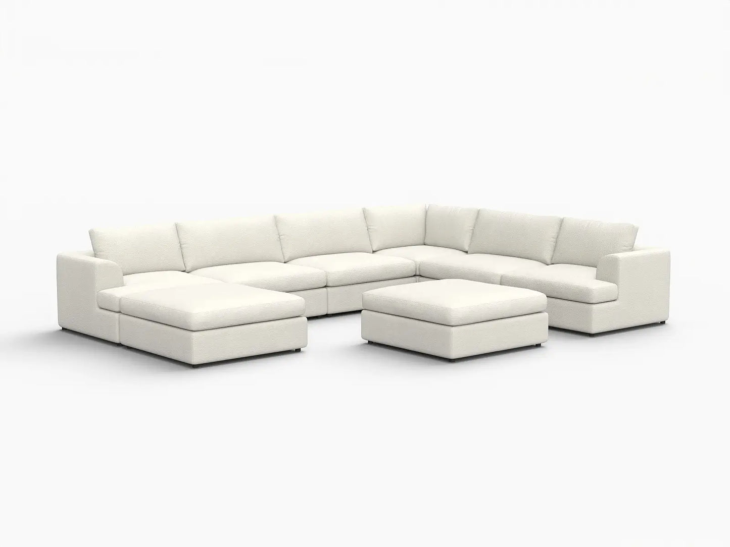 Deluxe Cloud 6-Seater White Open Space Sofa Set | 8-Piece (Includes 2 Ottomans), Bouclé Sherpa-Like Fabric, Easy To Clean