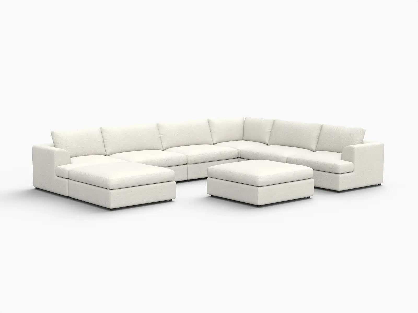Deluxe Cloud 6-Seater White Open Space Sofa Set | 8-Piece (Includes 2 Ottomans), Bouclé Sherpa-Like Fabric, Easy To Clean