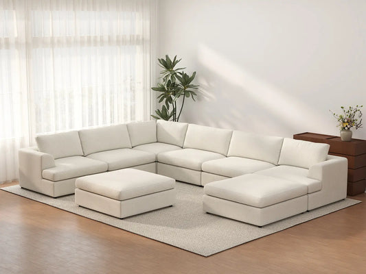 Sofá seccional Deluxe Cloud de 6 plazas blanco de espacio abierto | 8 piezas (incluye 2 otomanas), tela bouclé tipo sherpa, fácil de limpiar