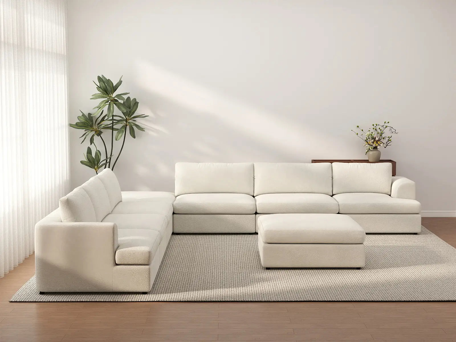 Deluxe Cloud 6-Seater White Open Space Sofa Set | 8-Piece (Includes 2 Ottomans), Bouclé Sherpa-Like Fabric, Easy To Clean