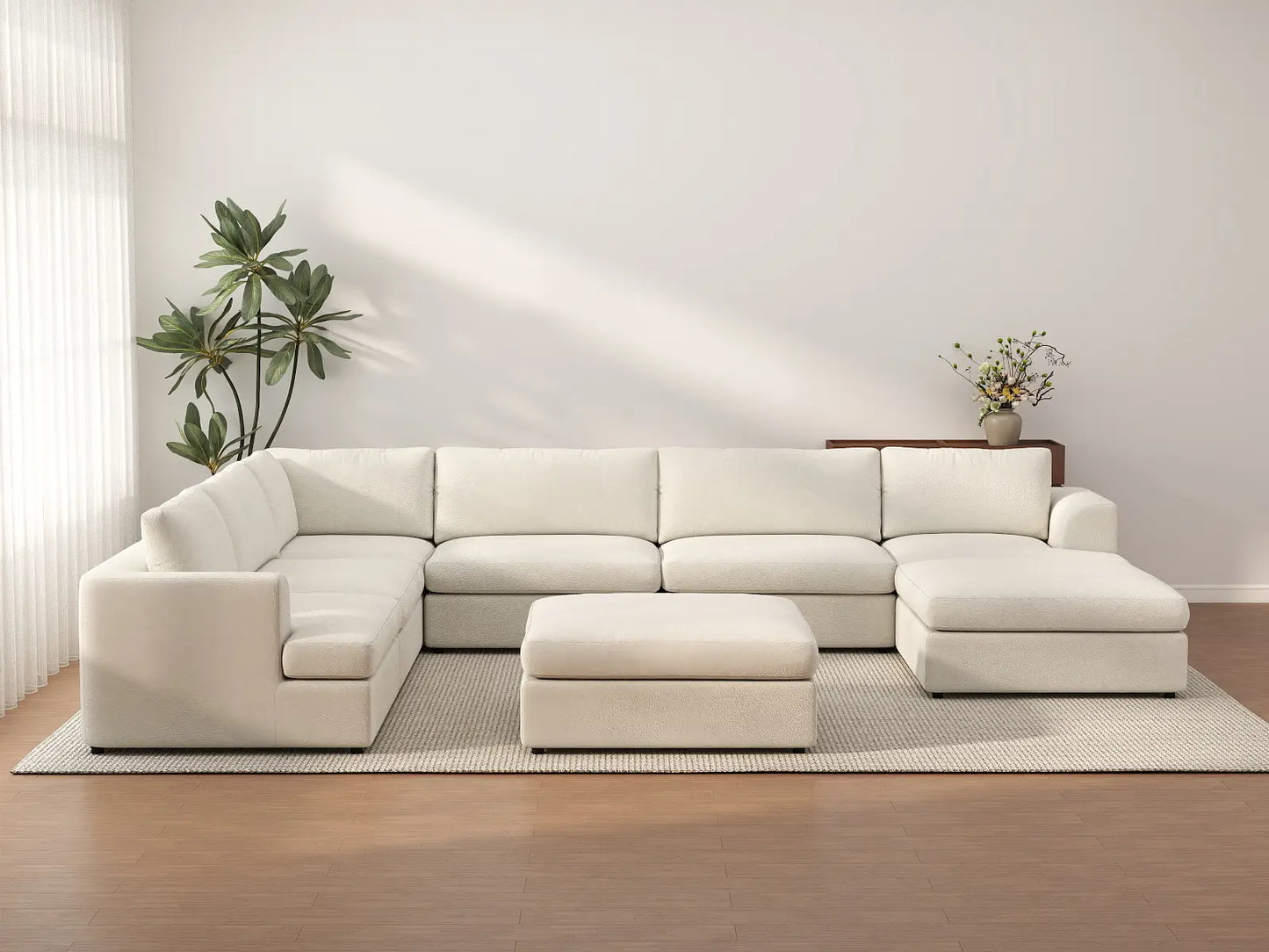 Deluxe Cloud 6-Seater White Open Space Sofa Set | 8-Piece (Includes 2 Ottomans), Bouclé Sherpa-Like Fabric, Easy To Clean