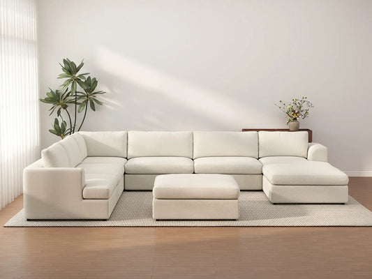 Sofá seccional Deluxe Cloud de 6 plazas blanco de espacio abierto | 8 piezas (incluye 2 otomanas), tela bouclé tipo sherpa, fácil de limpiar