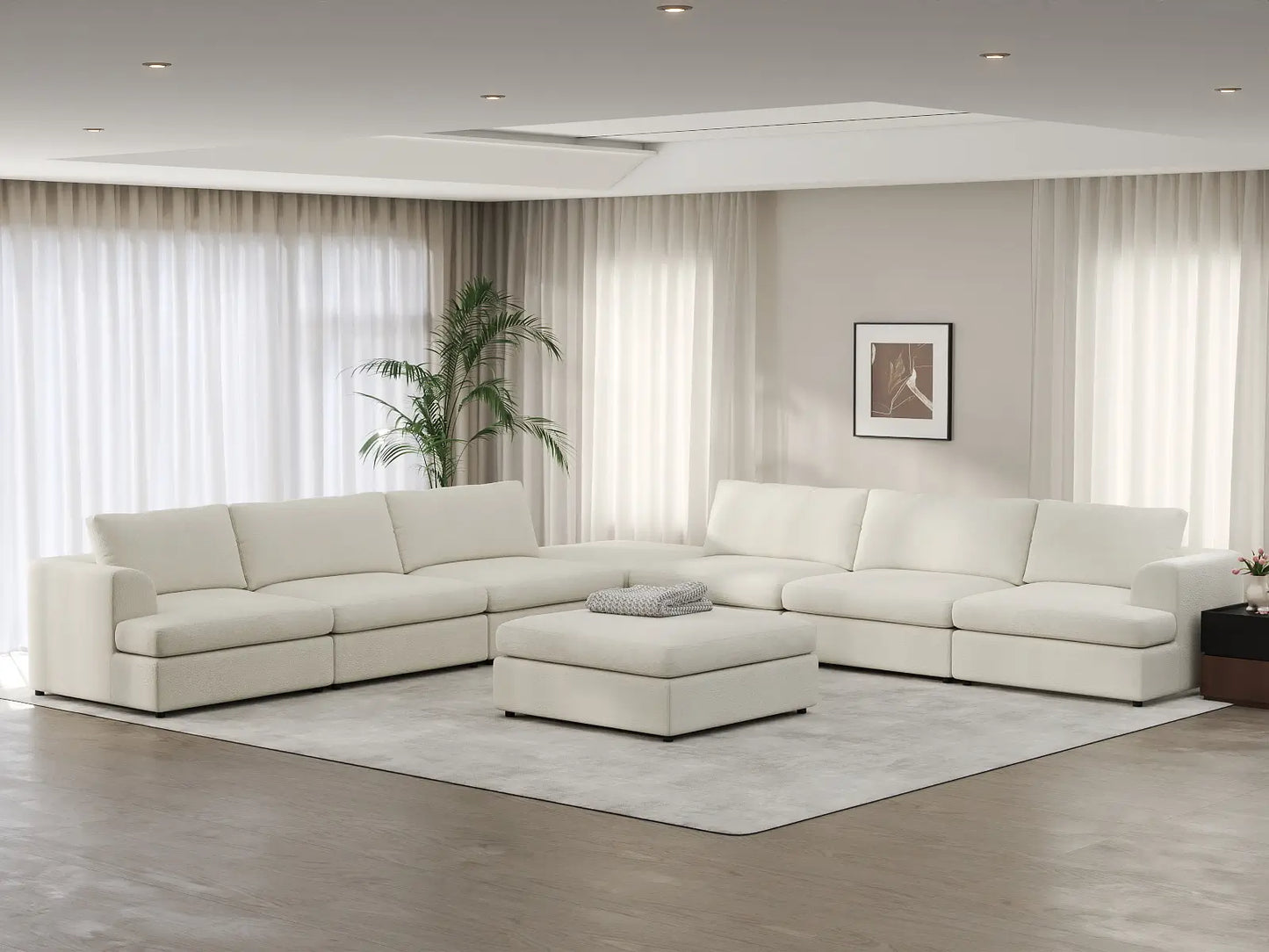 Deluxe Cloud 6-Seater White Open Space Sofa Set | 8-Piece (Includes 2 Ottomans), Bouclé Sherpa-Like Fabric, Easy To Clean