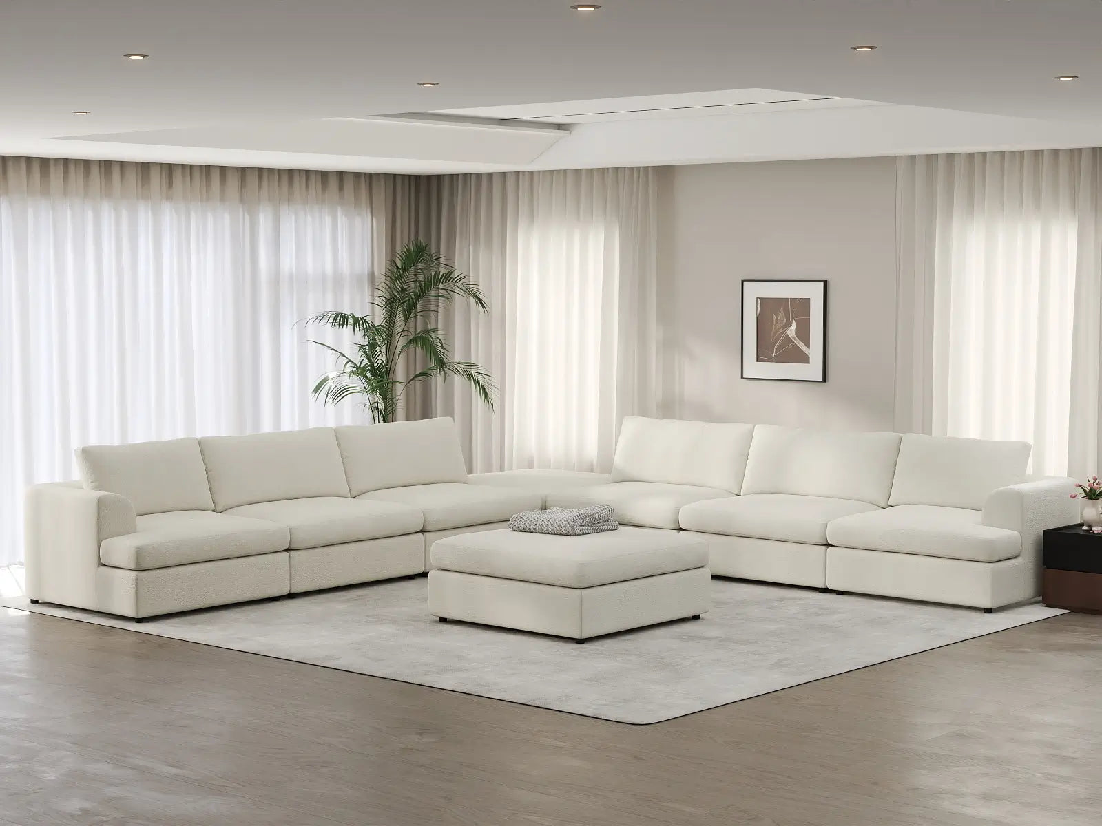 Deluxe Cloud 6-Seater White Open Space Sofa Set | 8-Piece (Includes 2 Ottomans), Bouclé Sherpa-Like Fabric, Easy To Clean