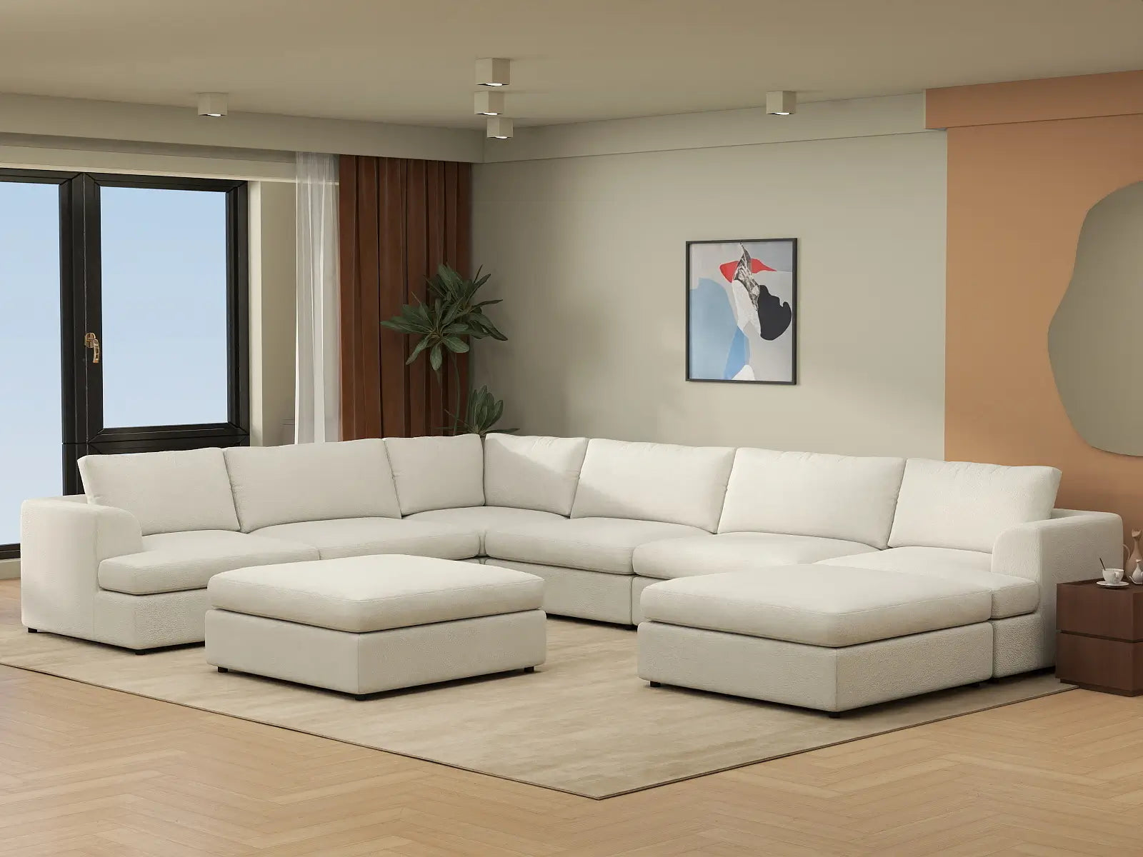 Deluxe Cloud 6-Seater White Open Space Sofa Set | 8-Piece (Includes 2 Ottomans), Bouclé Sherpa-Like Fabric, Easy To Clean