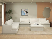 Deluxe Cloud 6-Seater White Open Space Sofa Set | 8-Piece (Includes 2 Ottomans), Bouclé Sherpa-Like Fabric, Easy To Clean