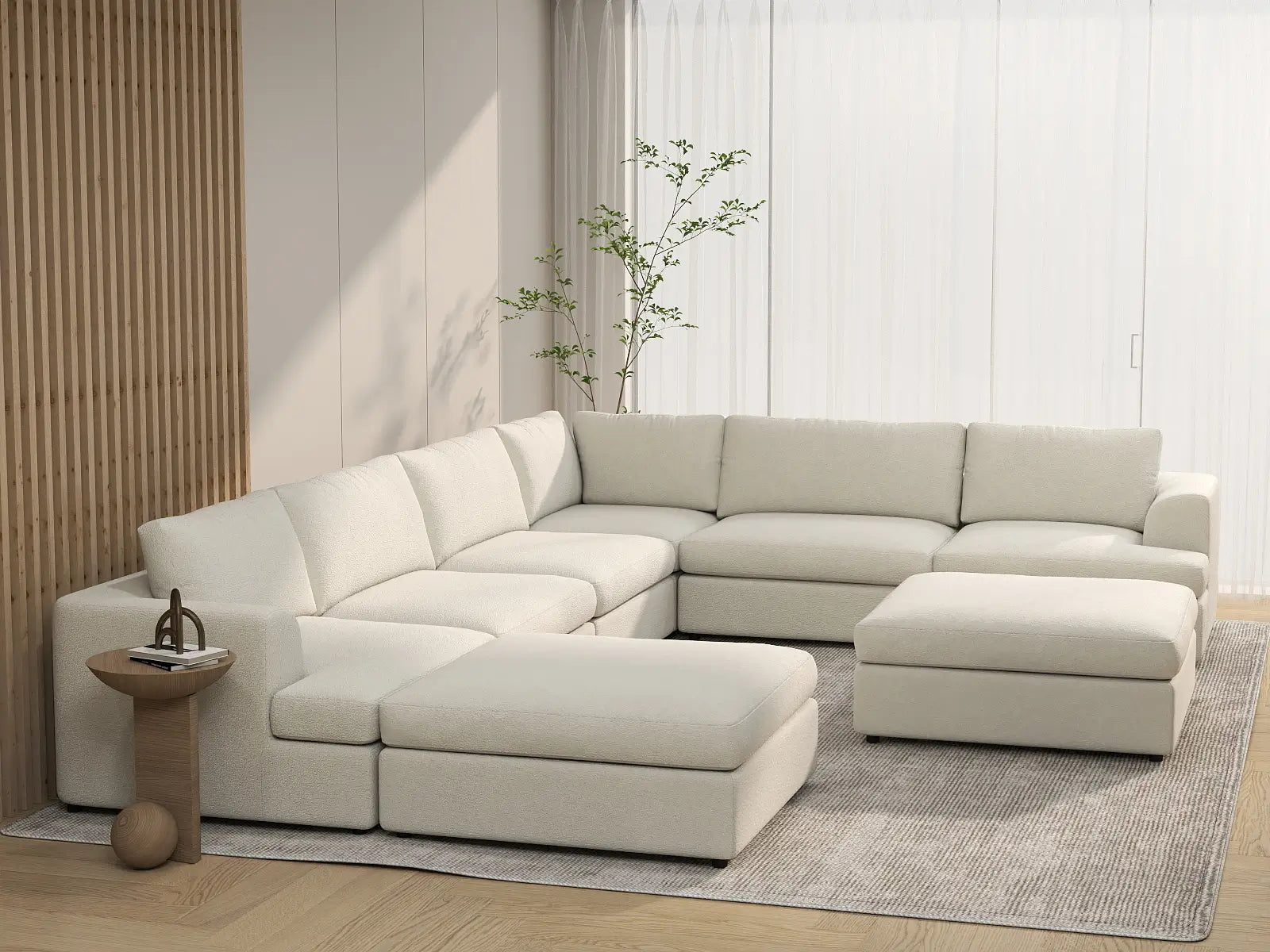 Deluxe Cloud 6-Seater White Open Space Sofa Set | 8-Piece (Includes 2 Ottomans), Bouclé Sherpa-Like Fabric, Easy To Clean