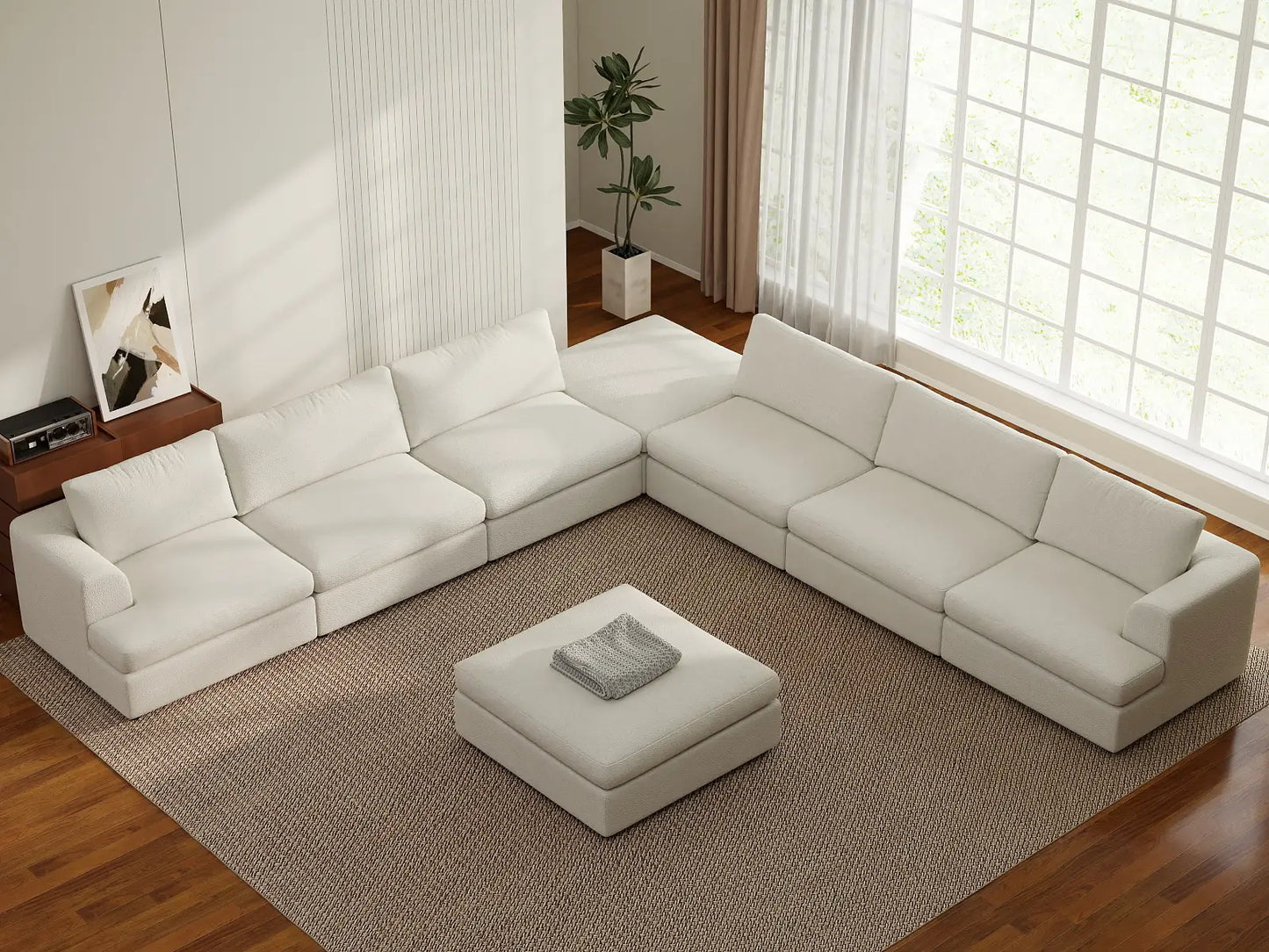 Deluxe Cloud 6-Seater White Open Space Sofa Set | 8-Piece (Includes 2 Ottomans), Bouclé Sherpa-Like Fabric, Easy To Clean