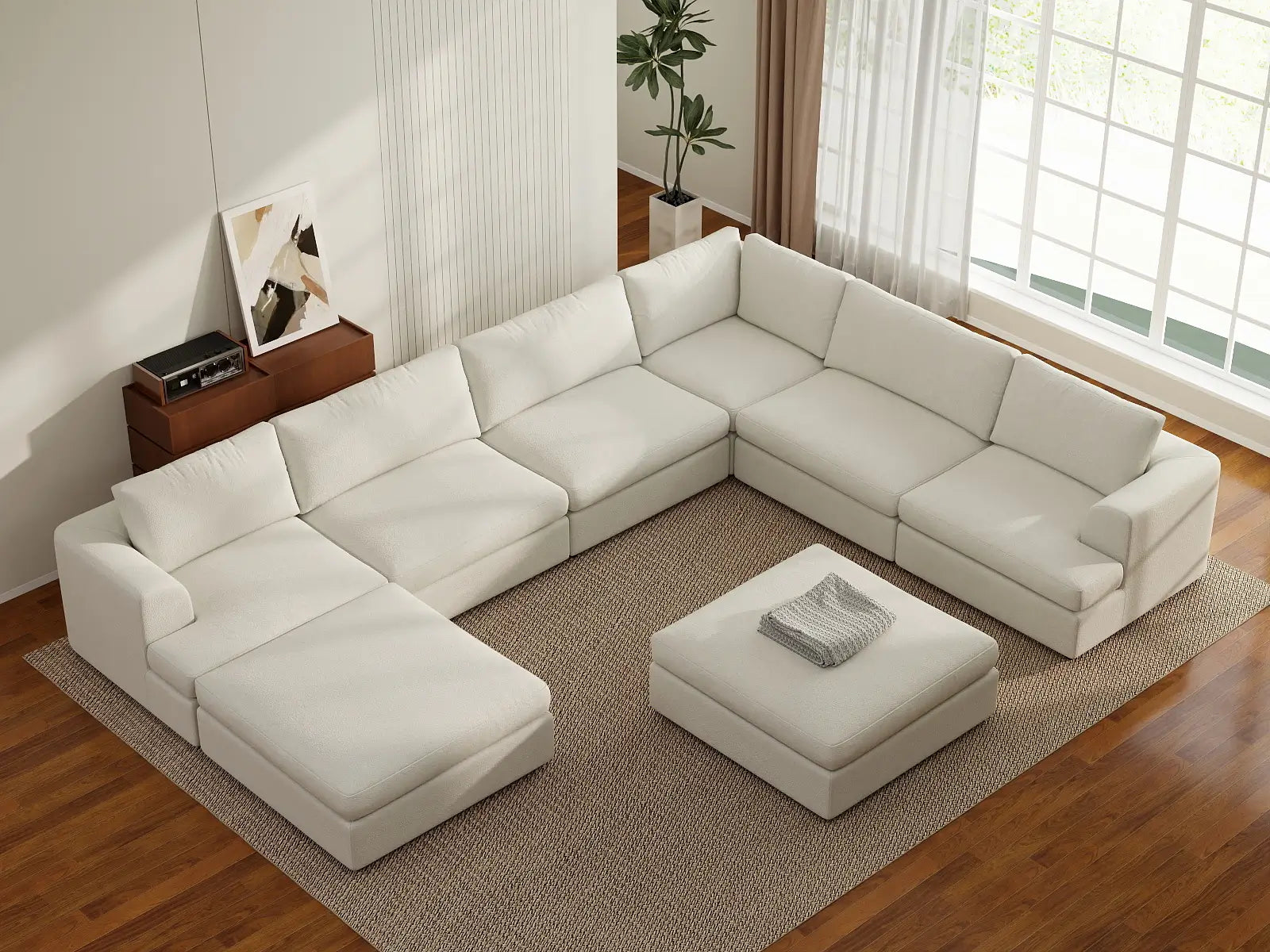 Deluxe Cloud 6-Seater White Open Space Sofa Set | 8-Piece (Includes 2 Ottomans), Bouclé Sherpa-Like Fabric, Easy To Clean