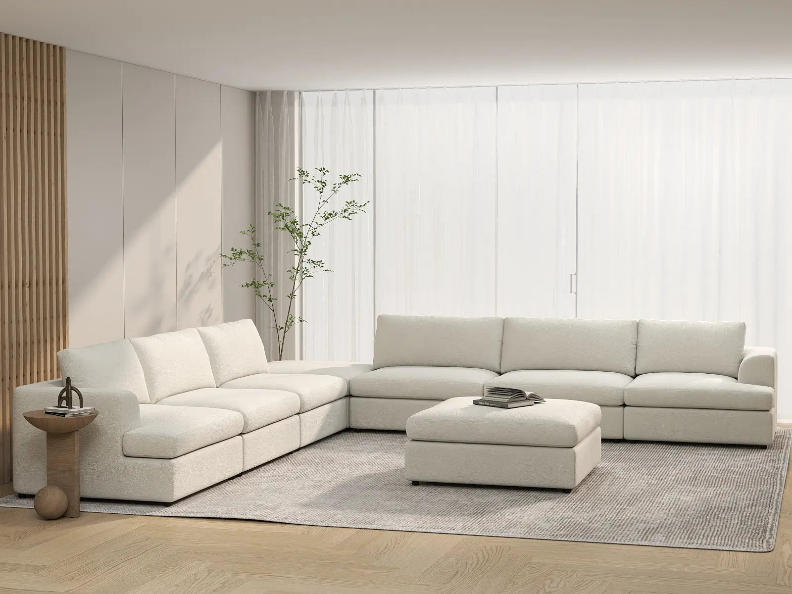 Deluxe Cloud 6-Seater White Open Space Sofa Set | 8-Piece (Includes 2 Ottomans), Bouclé Sherpa-Like Fabric, Easy To Clean