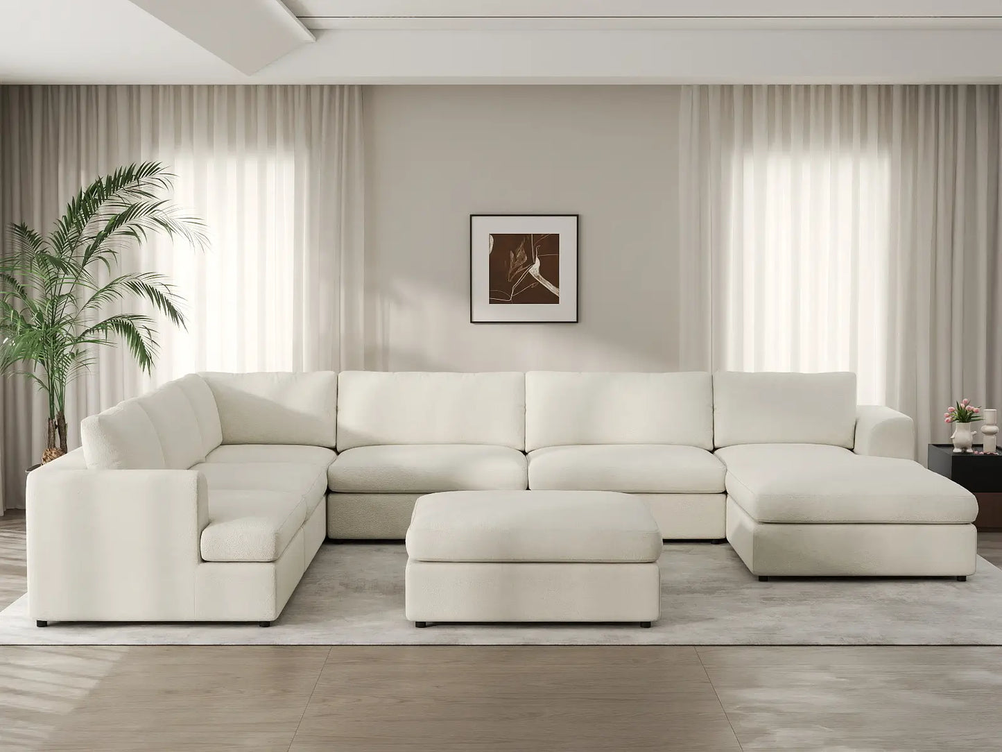 Deluxe Cloud 6-Seater White Open Space Sofa Set | 8-Piece (Includes 2 Ottomans), Bouclé Sherpa-Like Fabric, Easy To Clean