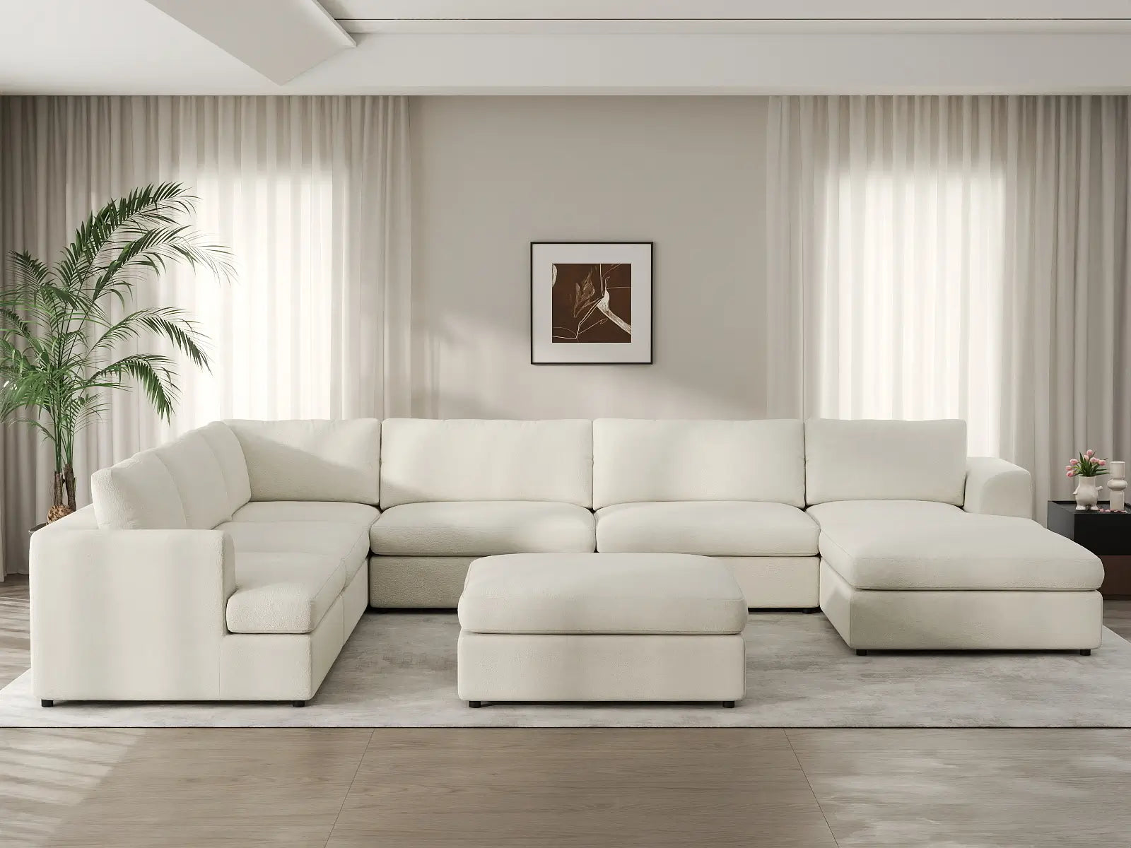 Deluxe Cloud 6-Seater White Open Space Sofa Set | 8-Piece (Includes 2 Ottomans), Bouclé Sherpa-Like Fabric, Easy To Clean