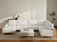Deluxe Cloud 6-Seater White Open Space Sofa Set | 8-Piece (Includes 2 Ottomans), Linen Look Poly Fabric, Easy To Clean