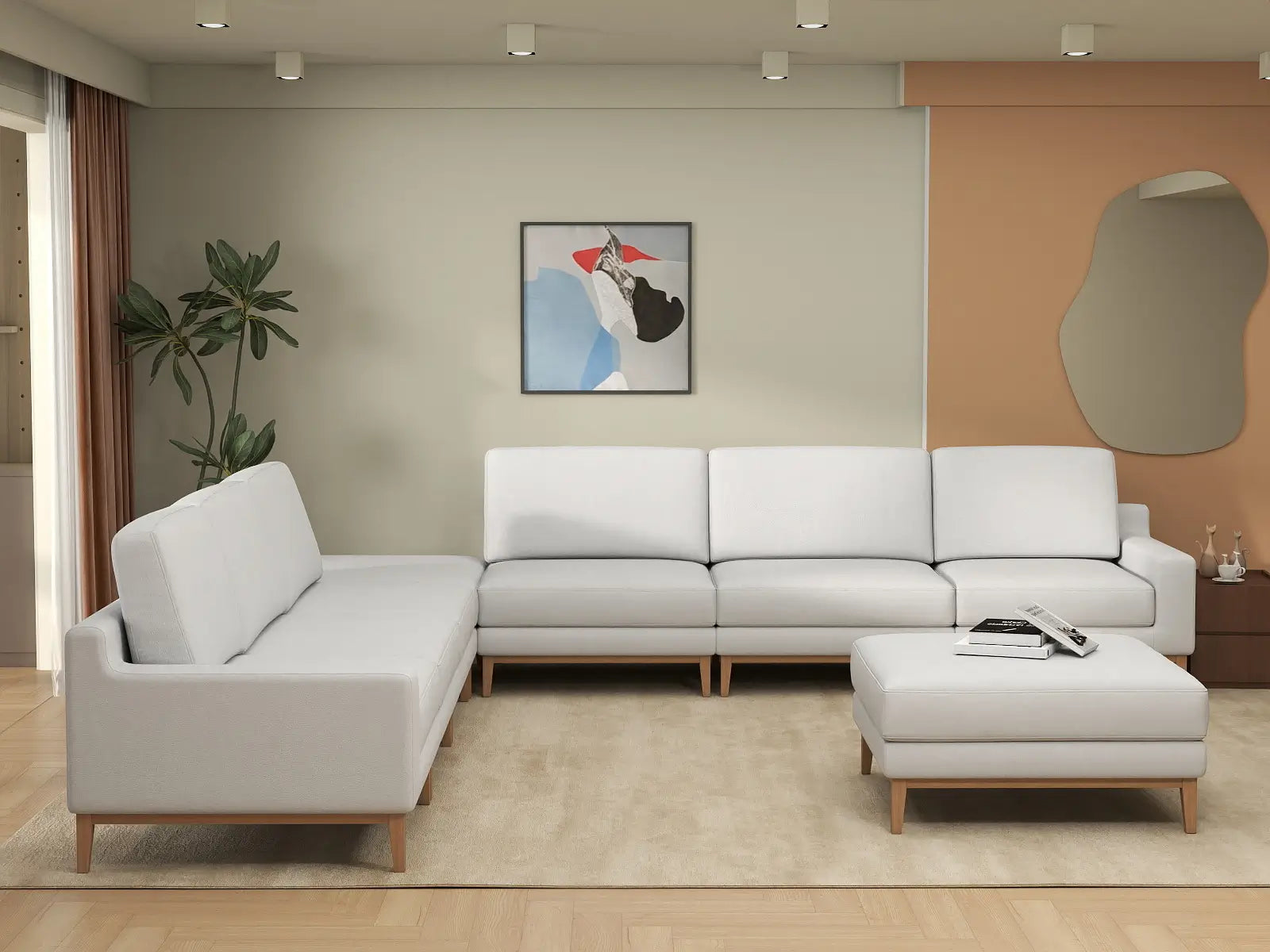 Deluxe Cloud 6-Seater White Open Space Sofa Set | 8-Piece (Includes 2 Ottomans), Linen Look Poly Fabric, Easy To Clean