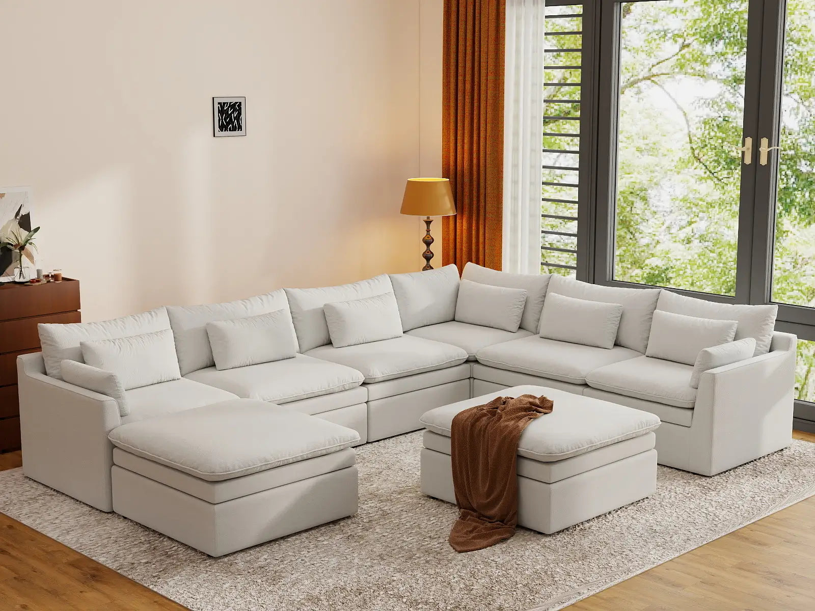 Deluxe Cloud 6-Seater White Open Space Sofa Set | 8-Piece (Includes 2 Ottomans), Linen Look Poly Fabric, Easy To Clean