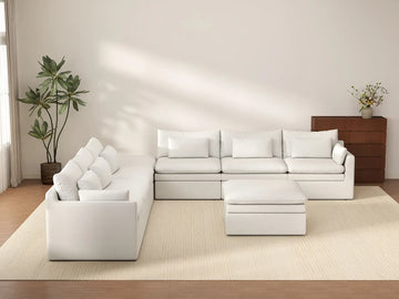 Deluxe Cloud 6-Seater White Open Space Sofa Set | 8-Piece (Includes 2 Ottomans), Linen Look Poly Fabric, Easy To Clean