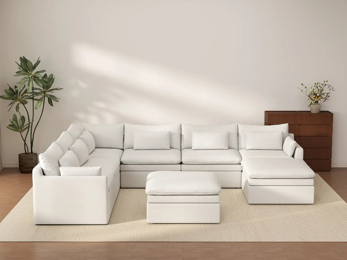 Deluxe Cloud 6-Seater White Open Space Sofa Set | 8-Piece (Includes 2 Ottomans), Linen Look Poly Fabric, Easy To Clean