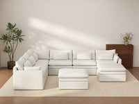 Deluxe Cloud 6-Seater White Open Space Sofa Set | 8-Piece (Includes 2 Ottomans), Linen Look Poly Fabric, Easy To Clean