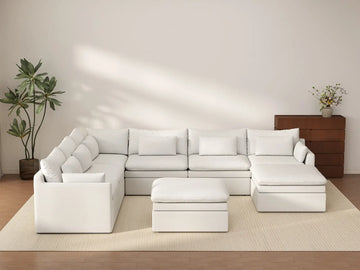Deluxe Cloud 6-Seater White Open Space Sofa Set | 8-Piece (Includes 2 Ottomans), Linen Look Poly Fabric, Easy To Clean