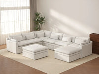 Deluxe Cloud 6-Seater White Open Space Sofa Set | 8-Piece (Includes 2 Ottomans), Linen Look Poly Fabric, Easy To Clean