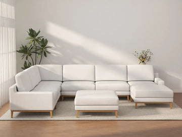 Deluxe Cloud 6-Seater White Open Space Sofa Set | 8-Piece (Includes 2 Ottomans), Linen Look Poly Fabric, Easy To Clean
