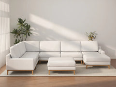 Deluxe Cloud 6-Seater White Open Space Sofa Set | 8-Piece (Includes 2 Ottomans), Linen Look Poly Fabric, Easy To Clean