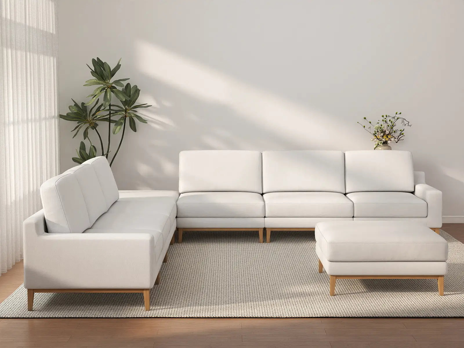 Deluxe Cloud 6-Seater White Open Space Sofa Set | 8-Piece (Includes 2 Ottomans), Linen Look Poly Fabric, Easy To Clean