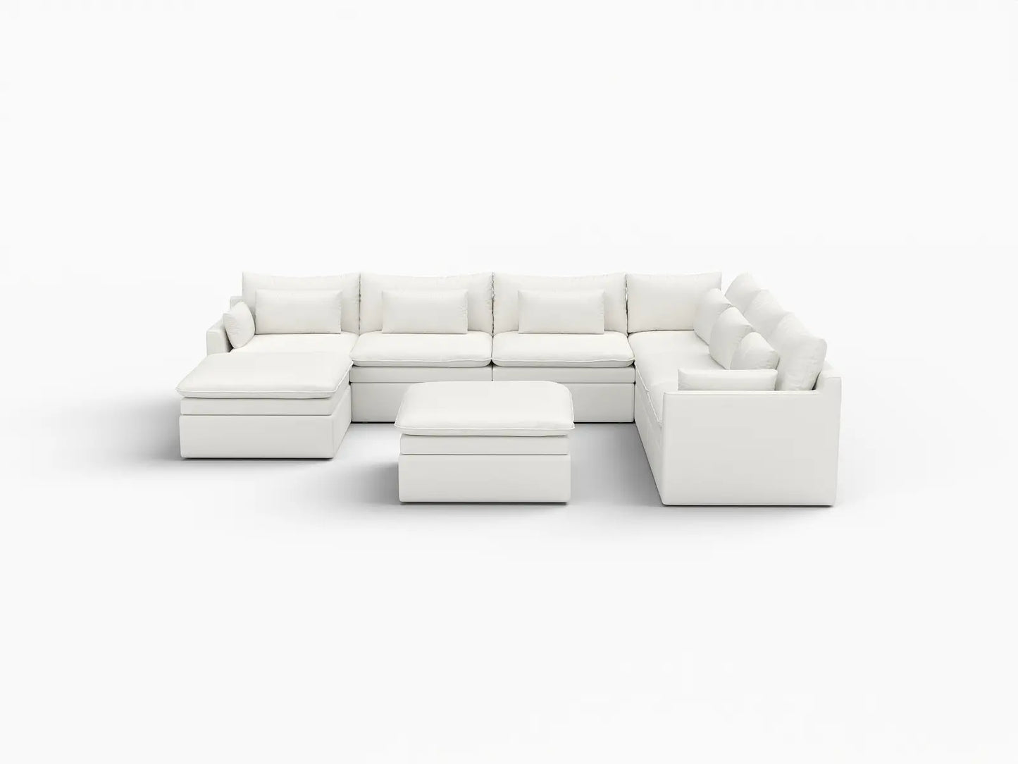 Deluxe Cloud 6-Seater White Open Space Sofa Set | 8-Piece (Includes 2 Ottomans), Linen Look Poly Fabric, Easy To Clean