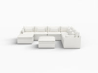 Deluxe Cloud 6-Seater White Open Space Sofa Set | 8-Piece (Includes 2 Ottomans), Linen Look Poly Fabric, Easy To Clean