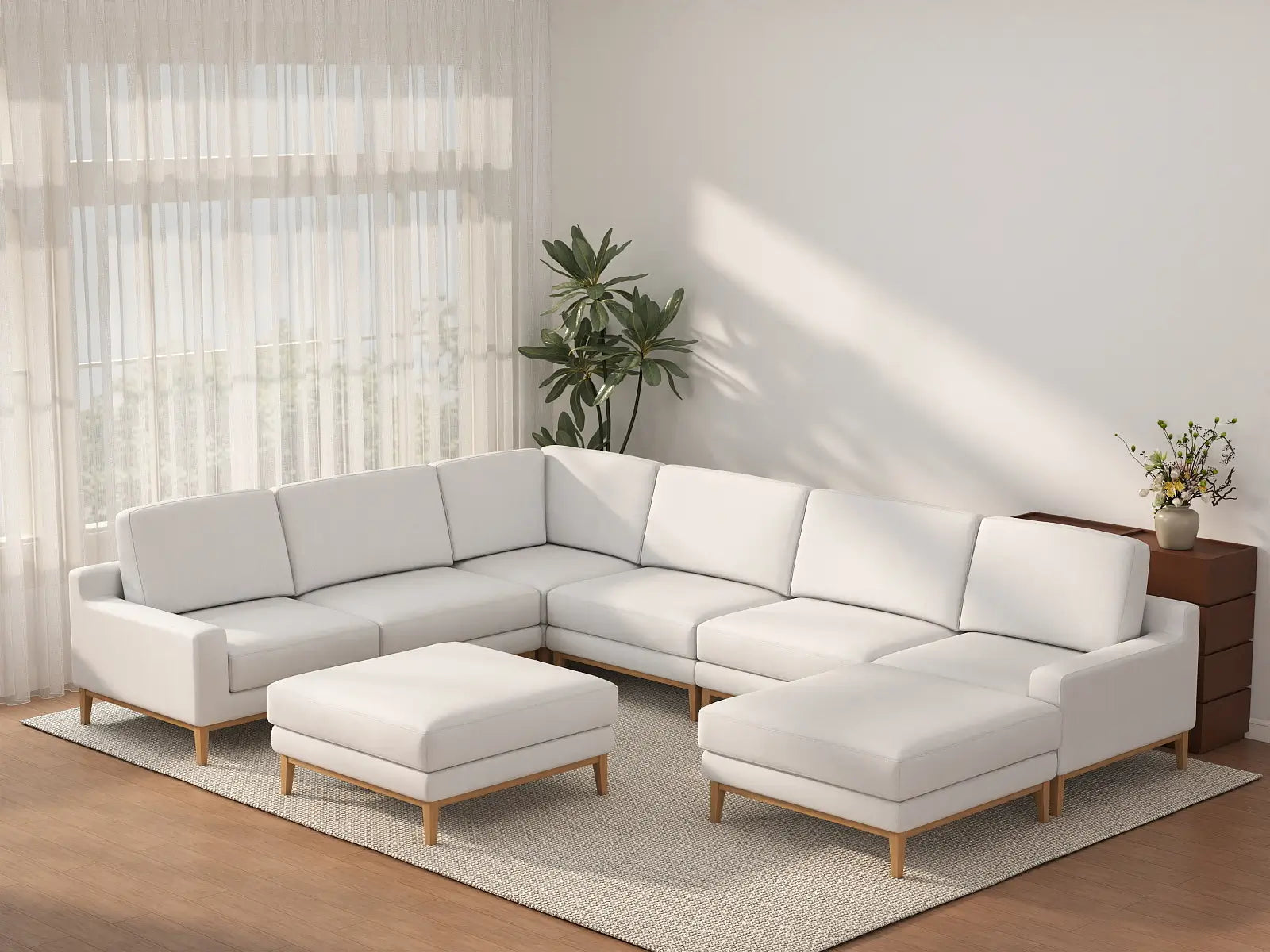 Deluxe Cloud 6-Seater White Open Space Sofa Set | 8-Piece (Includes 2 Ottomans), Linen Look Poly Fabric, Easy To Clean