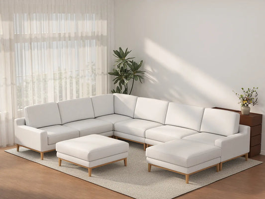 Juego de sofá de espacio abierto blanco Deluxe Cloud de 6 plazas | 8 piezas (incluye 2 otomanas), tela de poliéster con aspecto de lino, fácil de limpiar