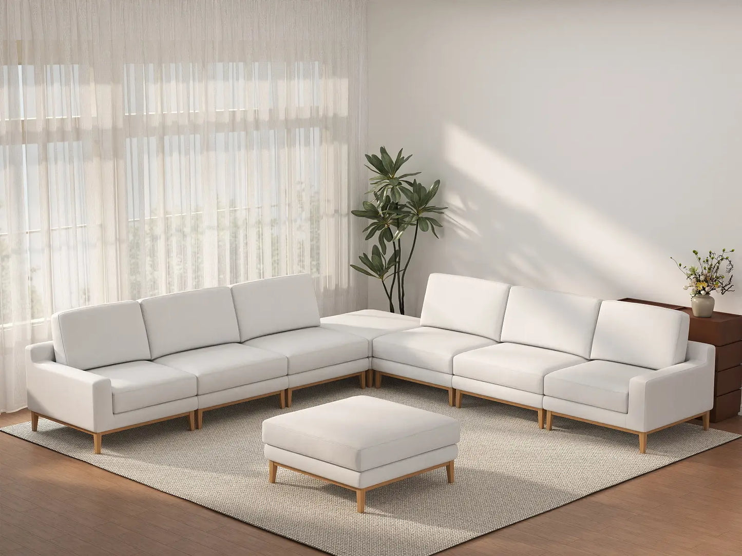 Deluxe Cloud 6-Seater White Open Space Sofa Set | 8-Piece (Includes 2 Ottomans), Linen Look Poly Fabric, Easy To Clean