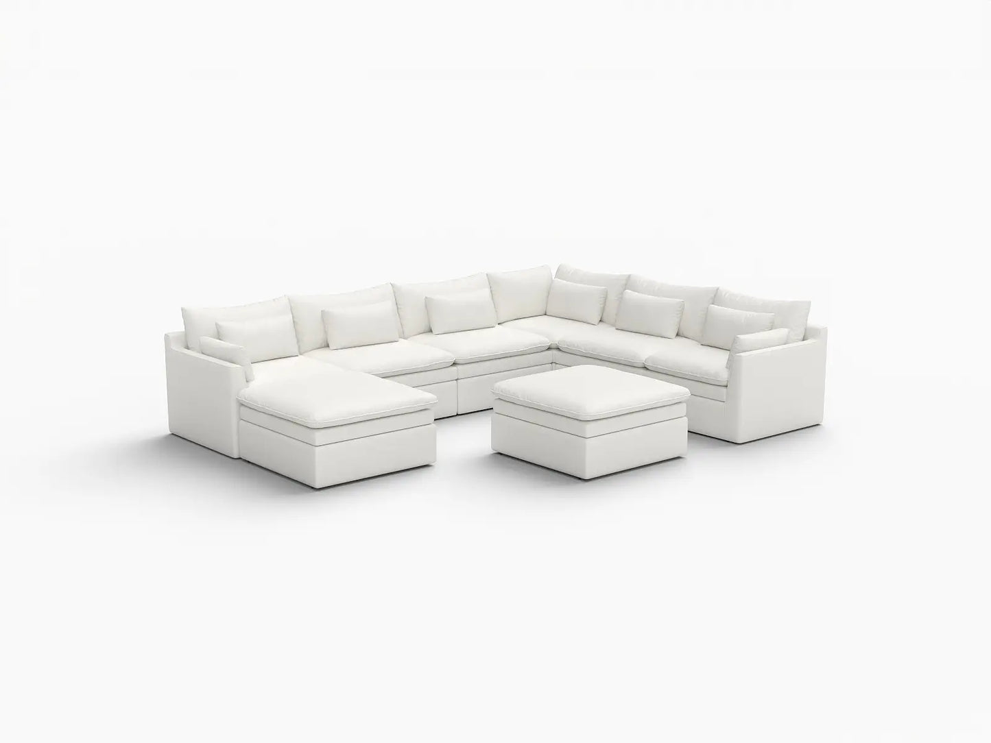 Deluxe Cloud 6-Seater White Open Space Sofa Set | 8-Piece (Includes 2 Ottomans), Linen Look Poly Fabric, Easy To Clean