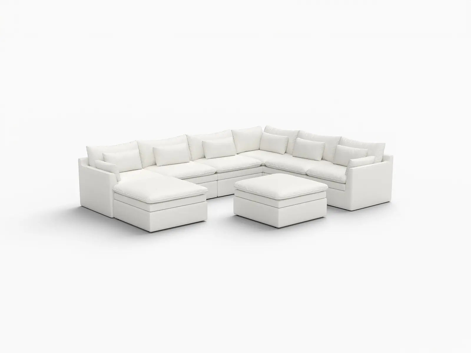 Deluxe Cloud 6-Seater White Open Space Sofa Set | 8-Piece (Includes 2 Ottomans), Linen Look Poly Fabric, Easy To Clean