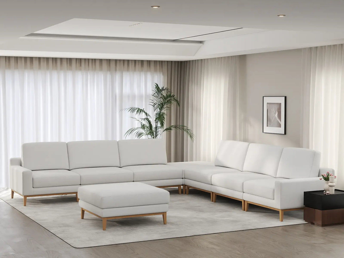 Deluxe Cloud 6-Seater White Open Space Sofa Set | 8-Piece (Includes 2 Ottomans), Linen Look Poly Fabric, Easy To Clean