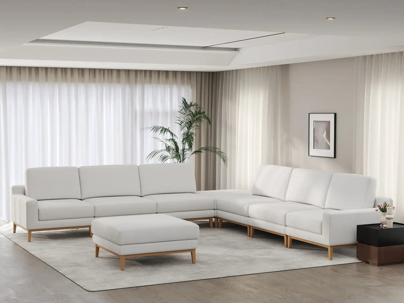 Deluxe Cloud 6-Seater White Open Space Sofa Set | 8-Piece (Includes 2 Ottomans), Linen Look Poly Fabric, Easy To Clean