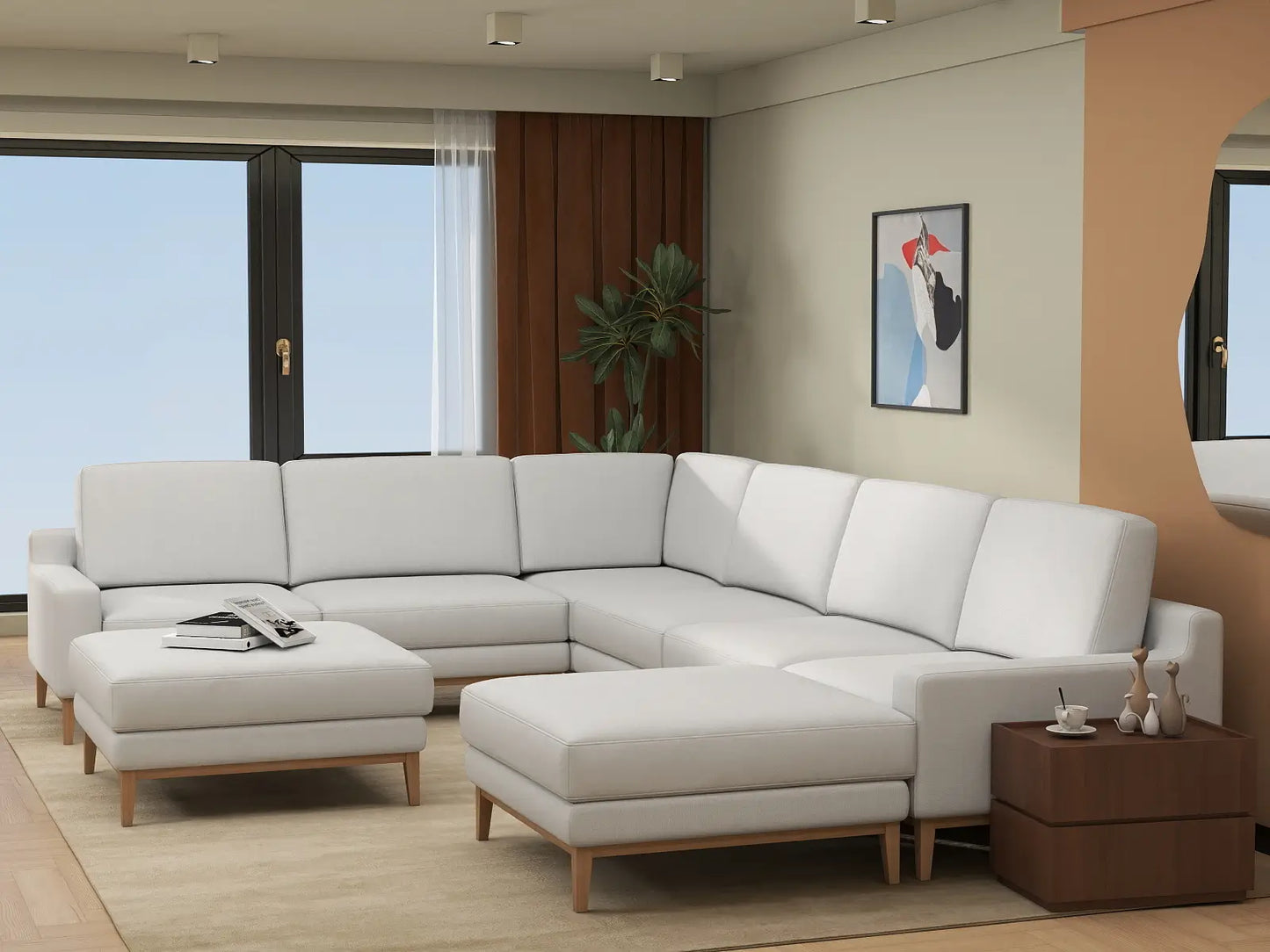Deluxe Cloud 6-Seater White Open Space Sofa Set | 8-Piece (Includes 2 Ottomans), Linen Look Poly Fabric, Easy To Clean