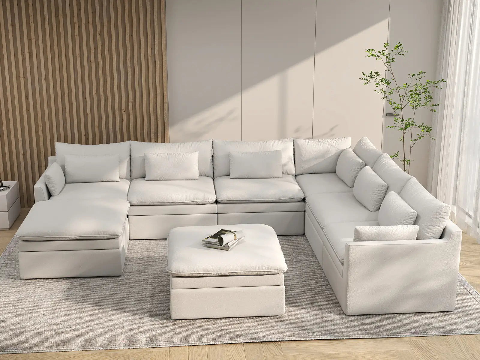 Deluxe Cloud 6-Seater White Open Space Sofa Set | 8-Piece (Includes 2 Ottomans), Linen Look Poly Fabric, Easy To Clean