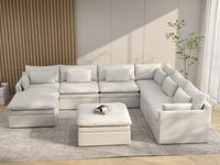 Deluxe Cloud 6-Seater White Open Space Sofa Set | 8-Piece (Includes 2 Ottomans), Linen Look Poly Fabric, Easy To Clean