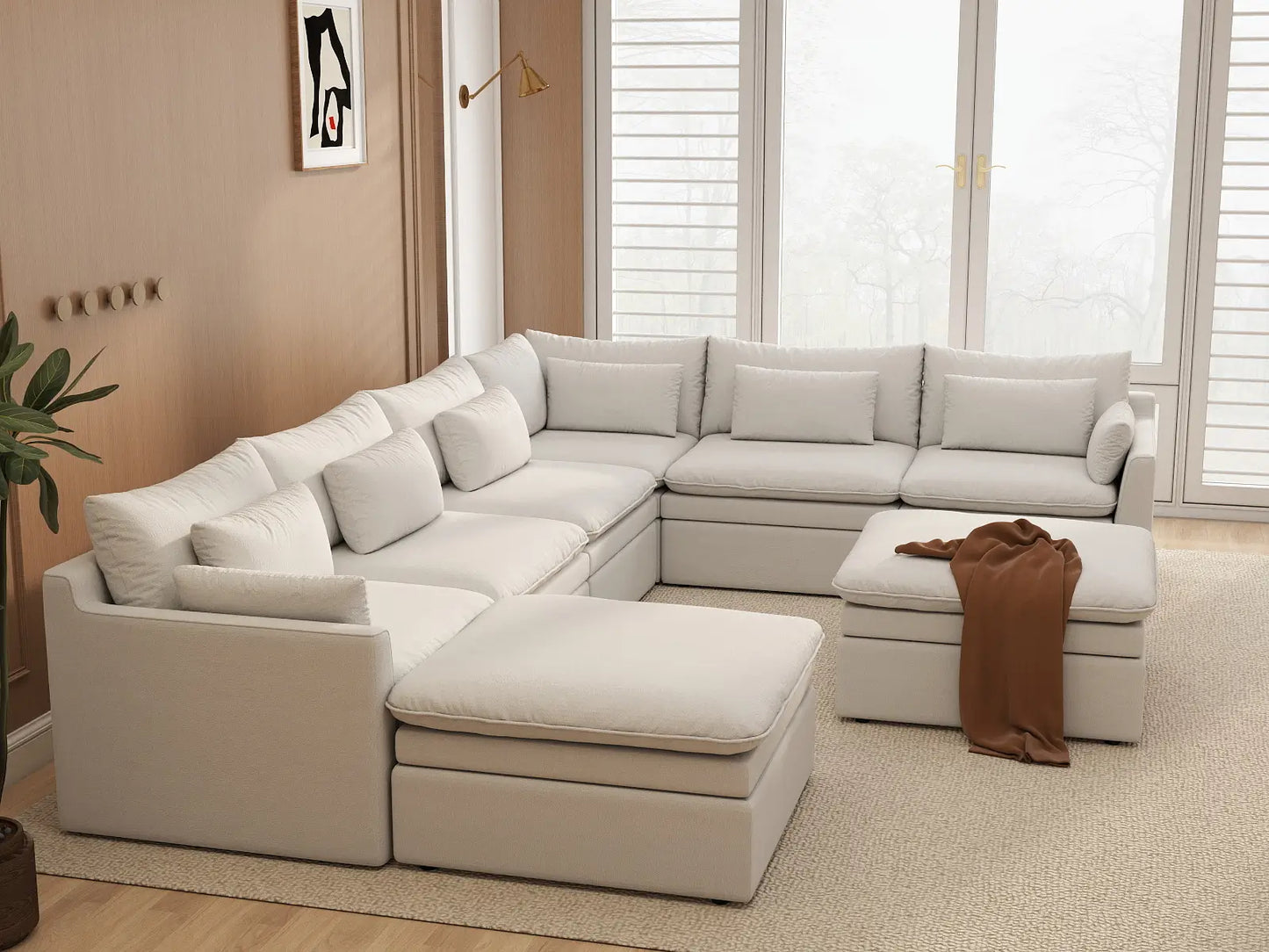 Deluxe Cloud 6-Seater White Open Space Sofa Set | 8-Piece (Includes 2 Ottomans), Linen Look Poly Fabric, Easy To Clean