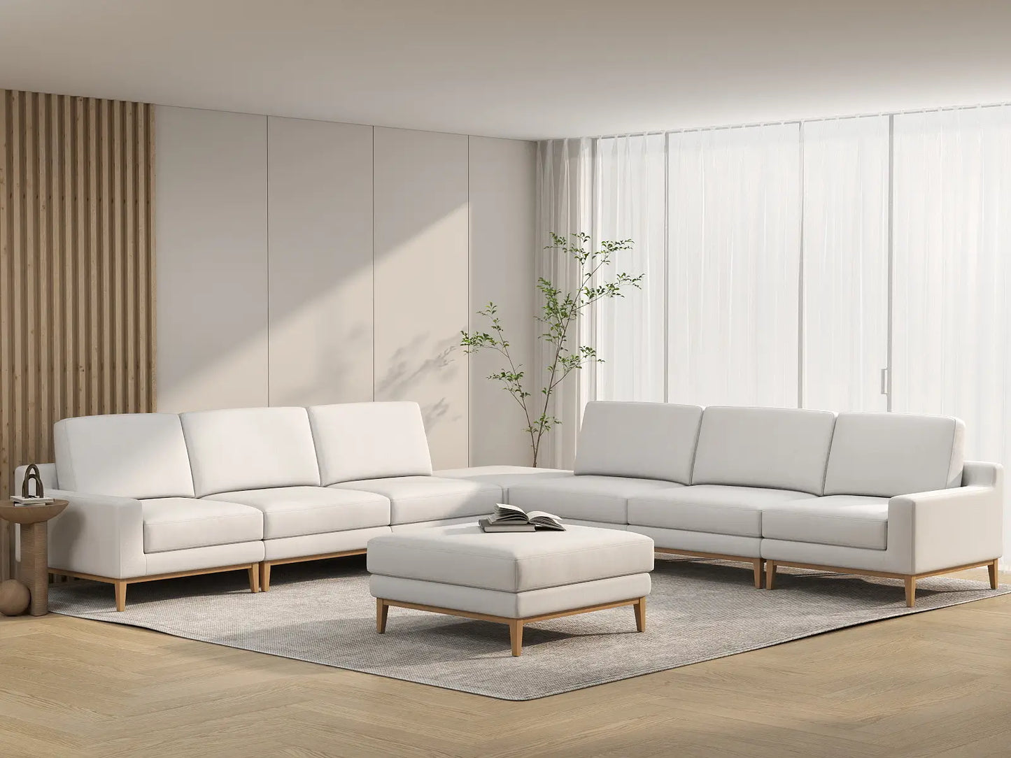 Deluxe Cloud 6-Seater White Open Space Sofa Set | 8-Piece (Includes 2 Ottomans), Linen Look Poly Fabric, Easy To Clean